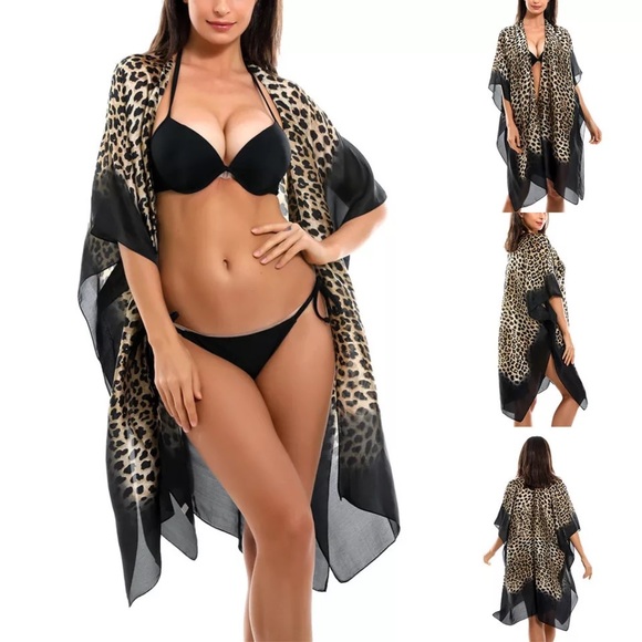 🌸 ANIMAL PRINT ROBE DUSTER KAFTAN COVER SHAWL LEOPARD KIMONO SCARF BEACH BUNNY - Picture 7 of 10